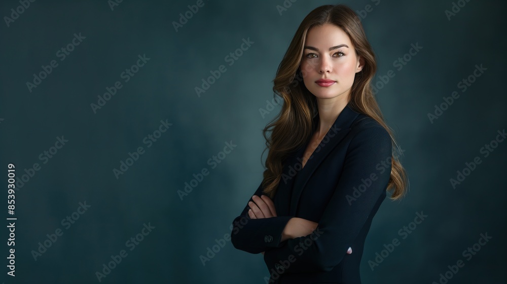 Portrait of a Elegant Investment Banker in Dark Suit on Blue Background with copy space for text Portrait of a Elegant Investment Banker in Dark Suit on Blue Background with copy space for text