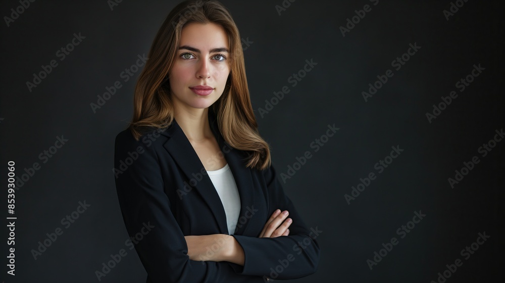 Portrait of a Young Caucasian Female Lawyer Standing with Arms Crossed in Suit with copy space for text Portrait of a Young Caucasian Female Lawyer Standing with Arms Crossed in Suit with copy space for text