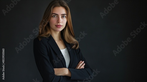 Portrait of a Young Caucasian Female Lawyer Standing with Arms Crossed in Suit with copy space for text