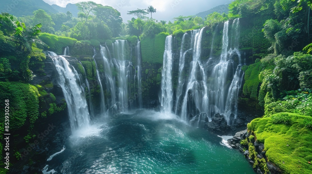 Fototapeta premium Serene Waterfall Cascading Through Lush Green Foliage