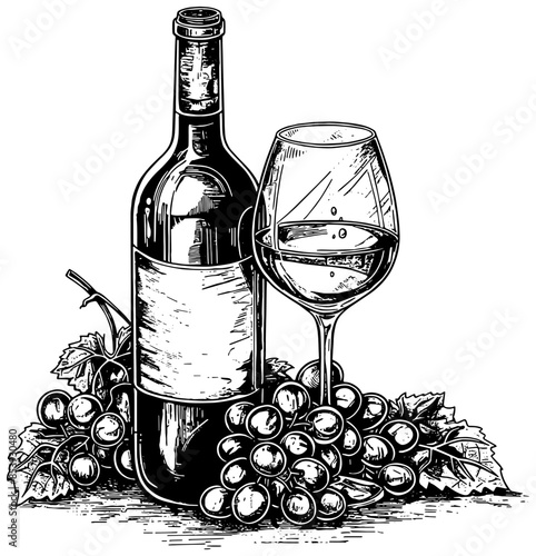 illustration of wine bottle and glass of wine with grapes, in black, isolated 
