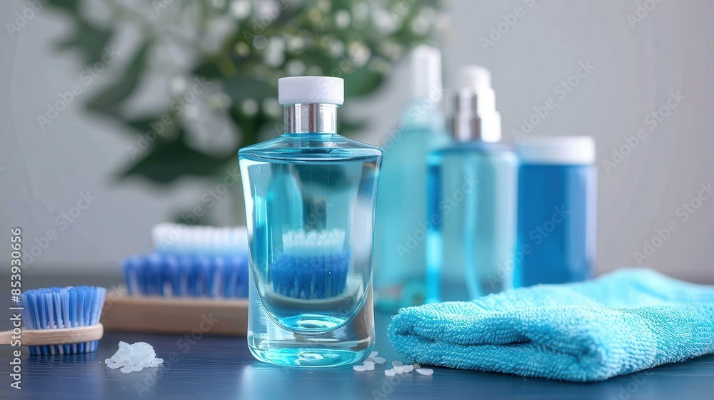 An image of various blue bathroom products displayed on a wooden table with a towel and brush An image of various blue bathroom products displayed on a wooden table with a towel and brush