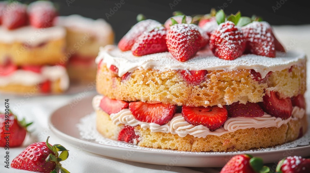 Delicious looking strawberry cream cake with layers of sponge, cream, and strawberries topped with powdered sugar Delicious looking strawberry cream cake with layers of sponge, cream, and strawberries topped with powdered sugar