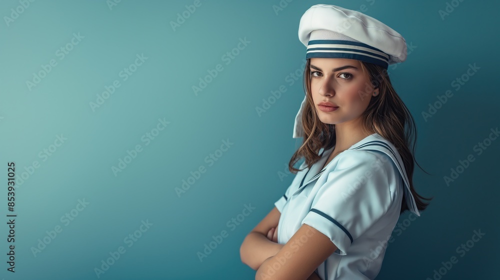 Portrait of a Female Sailor with Serious Expression on Blue Background with copy space for text Portrait of a Female Sailor with Serious Expression on Blue Background with copy space for text