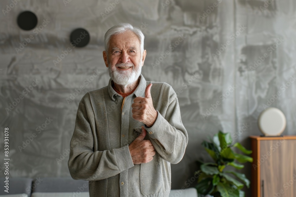 Portrait of a happy man in his 80s showing a thumb up in front of modern minimalist interior Portrait of a happy man in his 80s showing a thumb up in front of modern minimalist interior