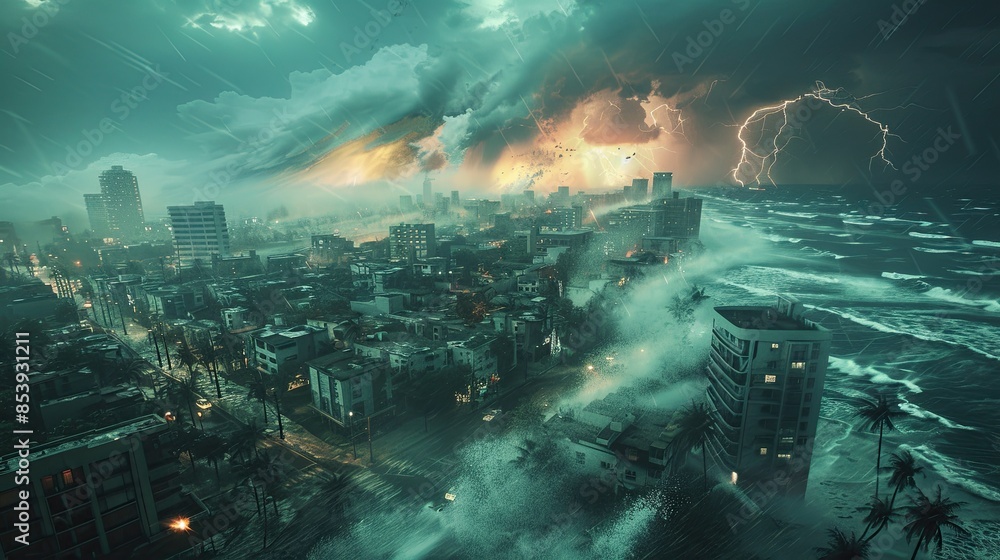 3D render of a hurricane intensified by climate change hitting a coastal city 3D render of a hurricane intensified by climate change hitting a coastal city