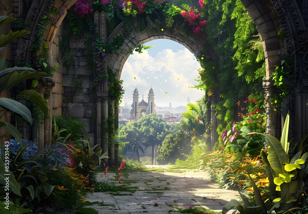 Fototapeta premium Beautiful, lush garden with vibrant flowers and greenery leading to an ancient archway, symbolizing the journey through life's doorways