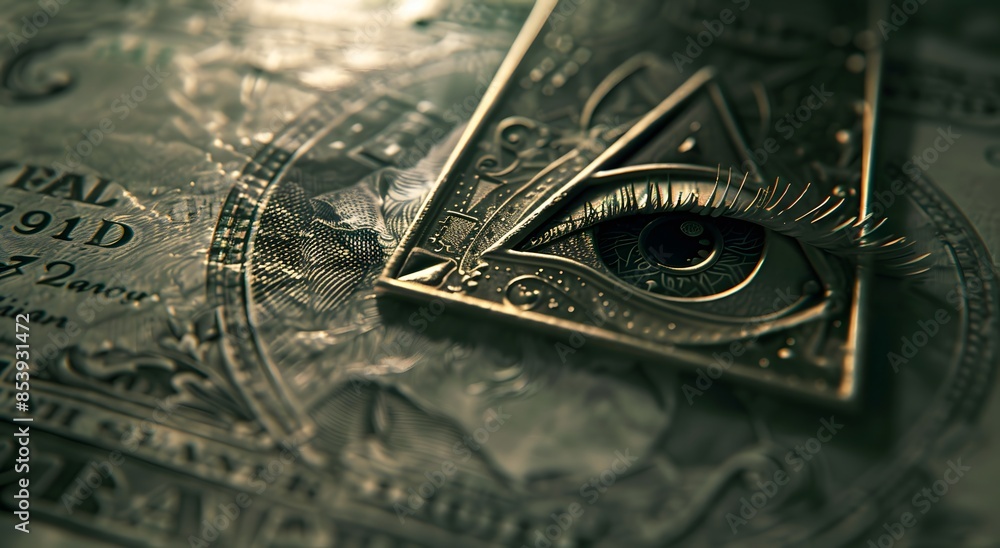 The eye on one bill, with an ornate pyramid in the background. The lighting is dramatic and focused on the central figure The eye on one bill, with an ornate pyramid in the background. The lighting is dramatic and focused on the central figure