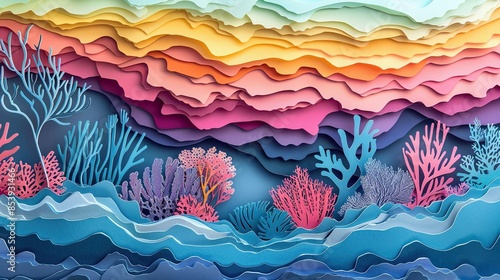Fototapeta Naklejka Na Ścianę i Meble -  Paper cut craft illustration of coral reefs dying from ocean acidification due to climate change