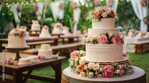 Multiple white tiered wedding cakes with floral arrangements displayed on wooden tables outdoors