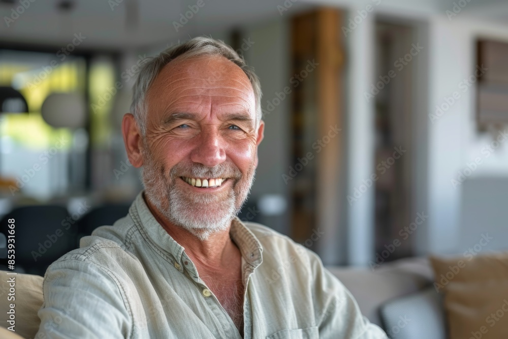 Portrait of a satisfied caucasian man in his 60s smiling at the camera isolated in modern minimalist interior Portrait of a satisfied caucasian man in his 60s smiling at the camera isolated in modern minimalist interior
