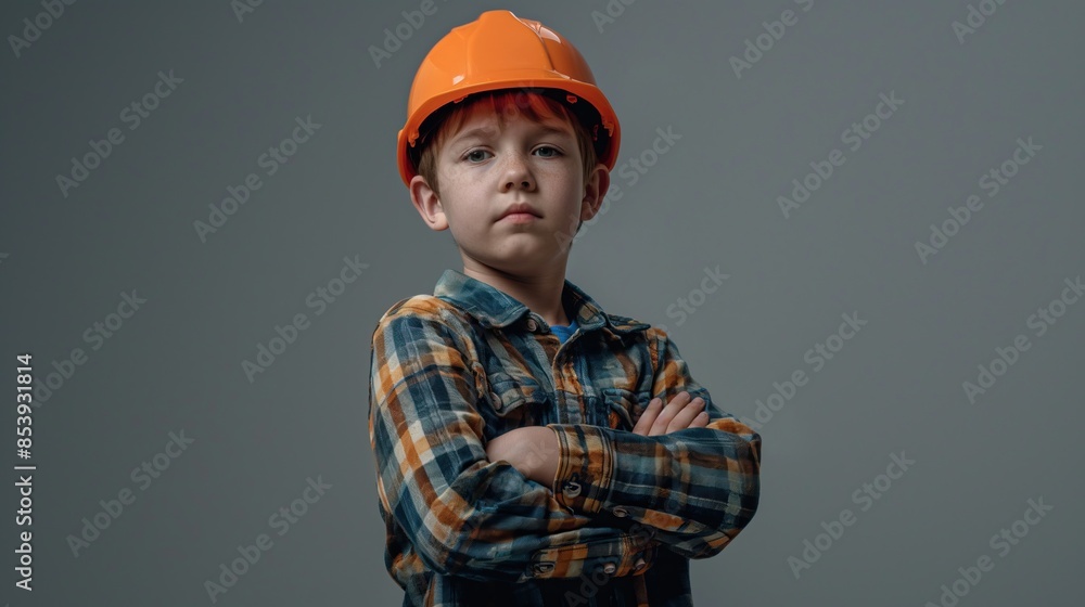 Portrait of a Boy Miner in Plaid Shirt and Hard Hat with copy space for text Portrait of a Boy Miner in Plaid Shirt and Hard Hat with copy space for text