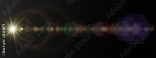 Realistic vector illustration of light effects on a black background including sparkling stars, twinkling and flashing lights on a black background! Vector Sun and Star