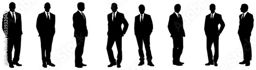 silhouettes of a man in a business suit in different poses, in black, isolated 