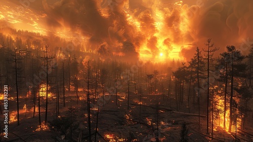 3D render of a forest destroyed by wildfires caused by climate change