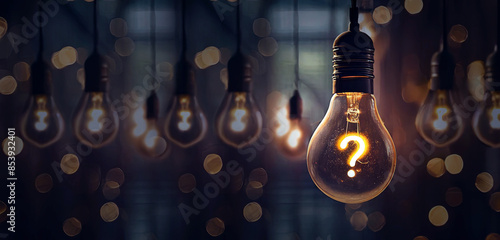 Hanging Question mark with light bulb concept, concept for assessments, test, exam, quiz, puzzle, knowledge checks backgrounds, concept of help, concept of solution.