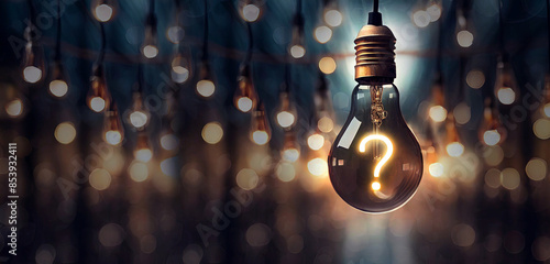 Hanging Question mark with light bulb concept, concept for assessments, test, exam, quiz, puzzle, knowledge checks backgrounds, concept of help, concept of solution.