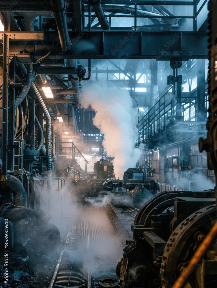 Industrial Factory With Steam. A scene depicting the interior of a ...