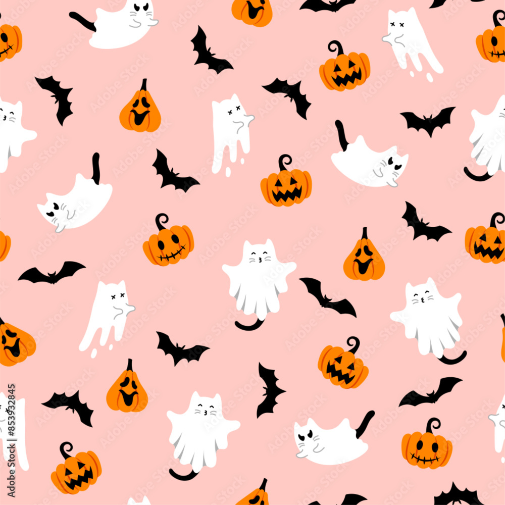 Cute halloween pattern with ghost cats, bats, pumpkins on pink background. Vector flying Halloween characters, cartoon kittens spirit. Kawaii ghost print for fabric texture, decoration, wrapping paper Cute halloween pattern with ghost cats, bats, pumpkins on pink background. Vector flying Halloween characters, cartoon kittens spirit. Kawaii ghost print for fabric texture, decoration, wrapping paper
