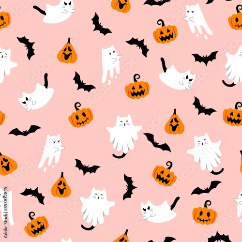 Cute halloween pattern with ghost cats, bats, pumpkins on pink background. Vector flying Halloween characters, cartoon kittens spirit. Kawaii ghost print for fabric texture, decoration, wrapping paper