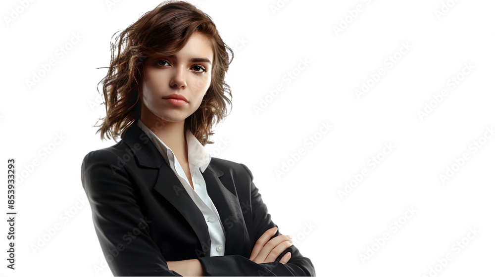 A determined and serious-looking woman in a black suit, standing with her arms folded, embodying confidence and authority in a business setting,cutout on transparent backgrounds. A determined and serious-looking woman in a black suit, standing with her arms folded, embodying confidence and authority in a business setting,cutout on transparent backgrounds.