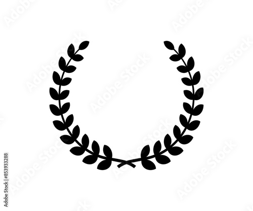Laurel wreath. Black leaves award icon isolated on white background. Leaf emblem. Winner circle wreath. Victory round crown. Symbol border. Branch logo. Tree with leave. Coat arms. Vector illustration