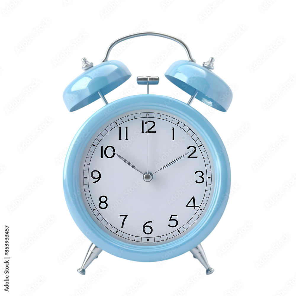 A blue twin-bell alarm clock showing the time 10:10,cutout on transparent backgrounds. A blue twin-bell alarm clock showing the time 10:10,cutout on transparent backgrounds.