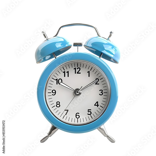 A light blue twin-bell alarm clock showing the time 10:10,cutout on transparent backgrounds.