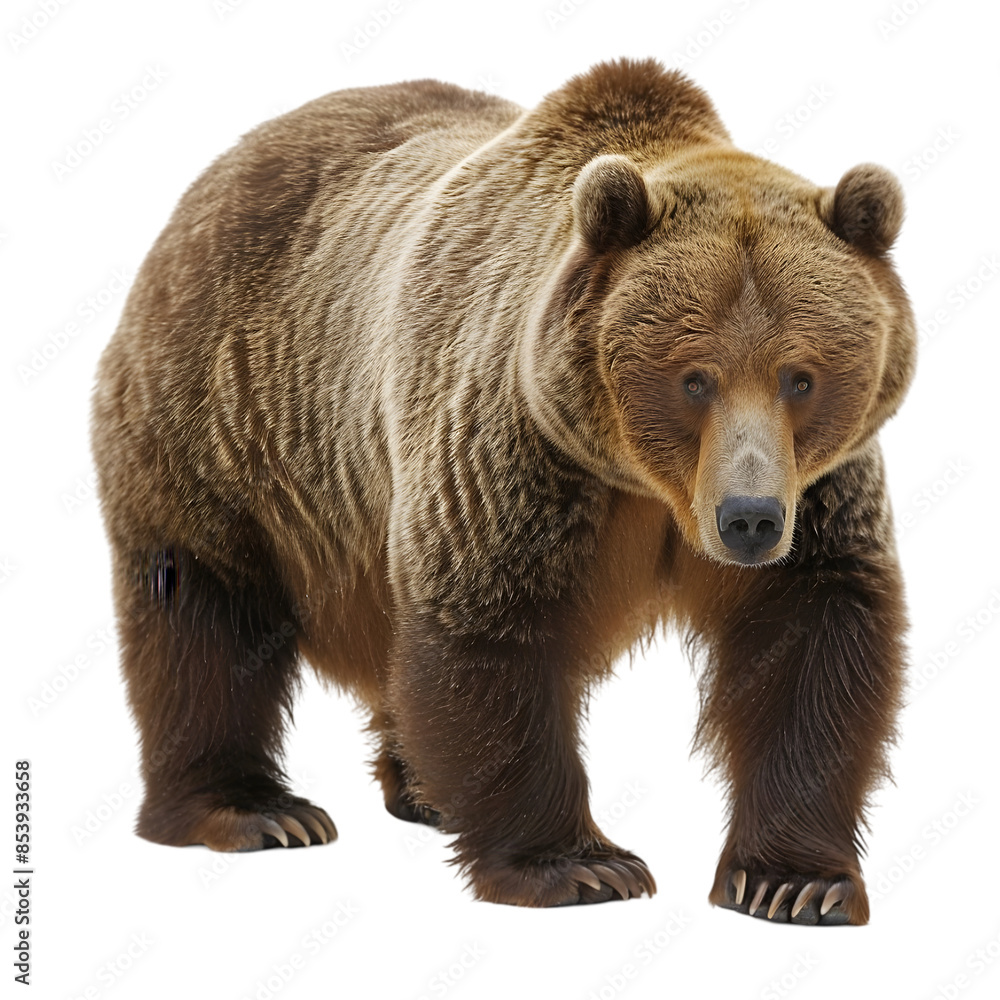 Fototapeta premium A large grizzly bear standing on all fours and looking forward,cutout on transparent backgrounds.