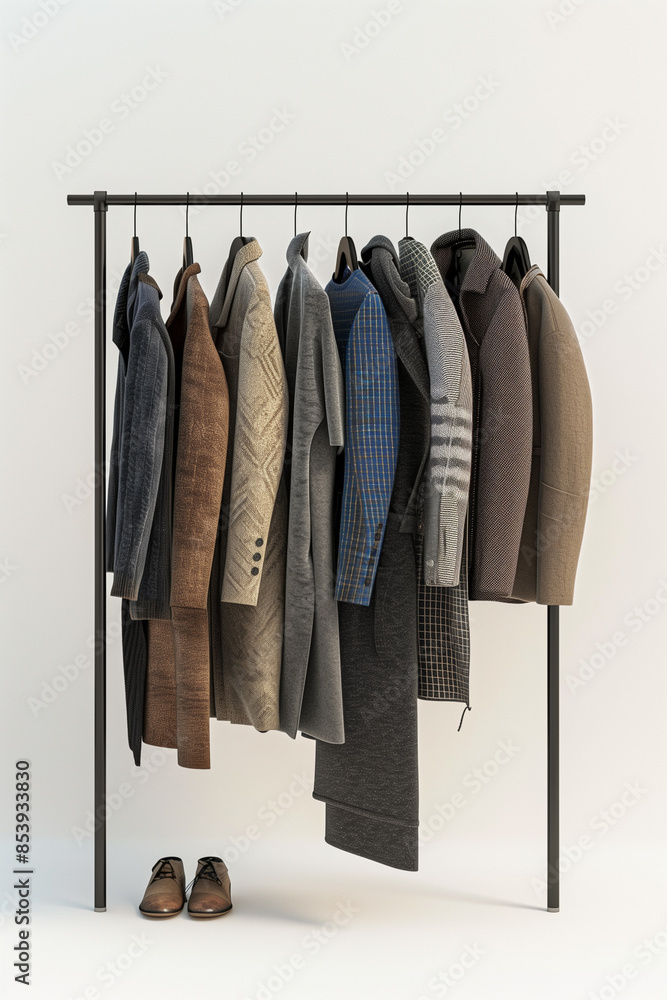 A black rack with a variety of recycled fabriс clothing items hanging from it A black rack with a variety of recycled fabriс clothing items hanging from it