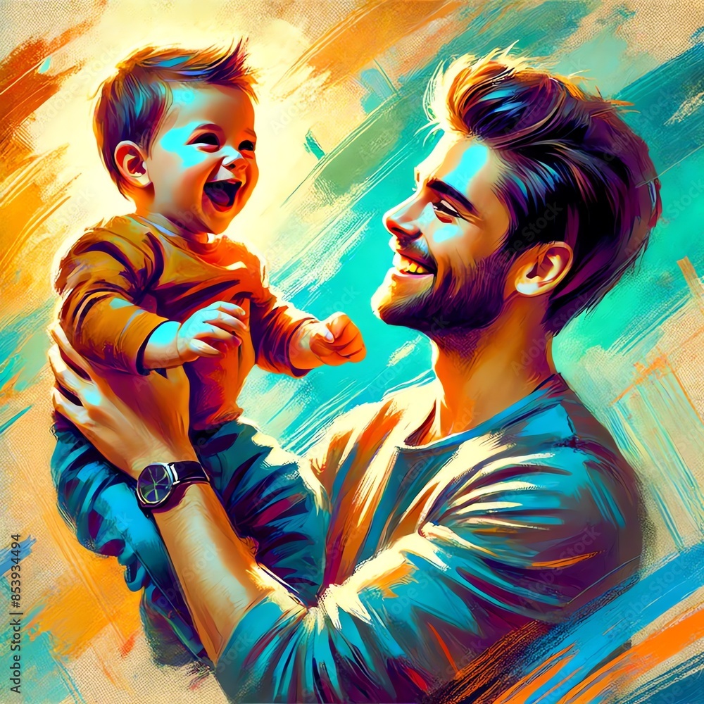 Obraz premium A digital painting of a joyful father holding his young little boy in the air