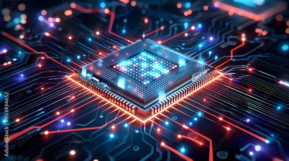 A high-tech clipart of a computer chip with neon circuits and glowing elements, representing the core of modern devices. List of Art Media: Illustration inspired by Spring magazine. A high-tech clipart of a computer chip with neon circuits and glowing elements, representing the core of modern devices. List of Art Media: Illustration inspired by Spring magazine.