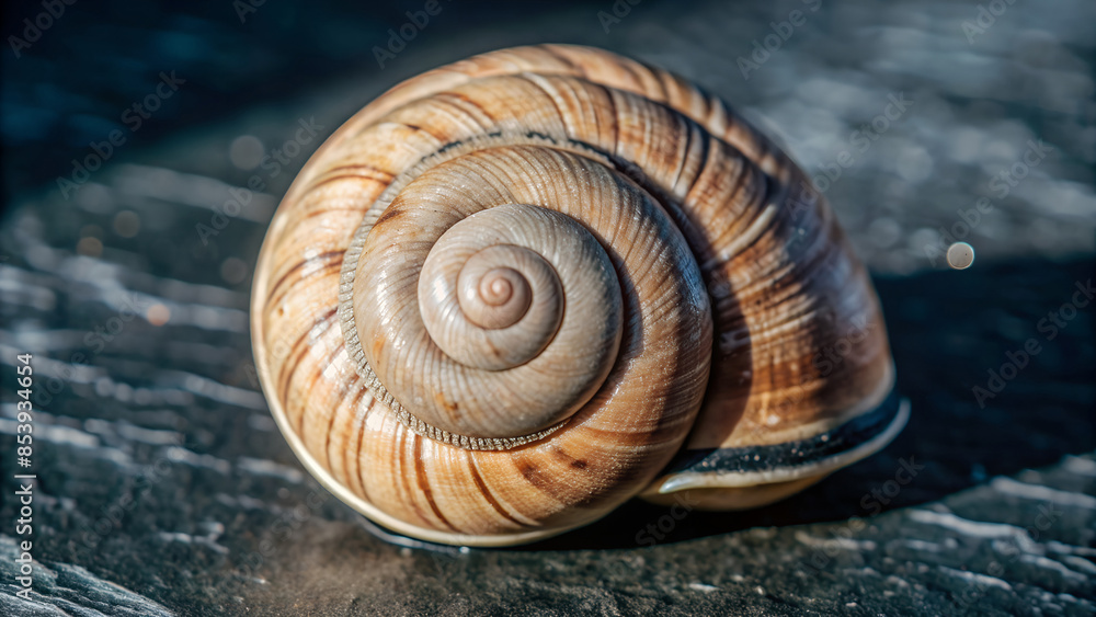 Close-up of a snail's shell, focusing on the spiral patterns and texture Close-up of a snail's shell, focusing on the spiral patterns and texture