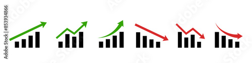Graph rise and decrease. Red arrow goes down sign. Green market up. Crisis icon isolated.