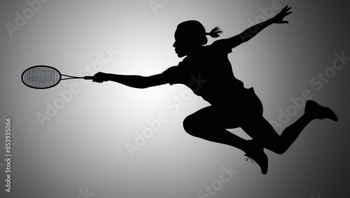 Silhouette of a female badminton player in mid-air, holding a racket, against a gradient background. © Andrew