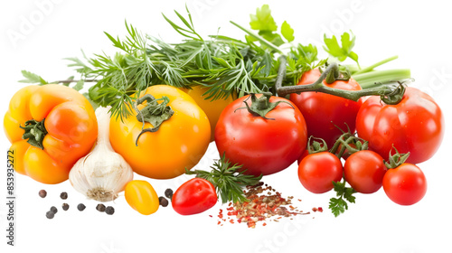 A collection of fresh vegetables, including tomatoes, eggplants, broccoli, garlic, purple onions, and cilantro, arranged together on a white background.,cutout on transparent backgrounds.