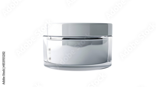 A sleek, transparent cosmetic jar with a white lid, likely containing cream or another skincare product.,cutout on transparent backgrounds.