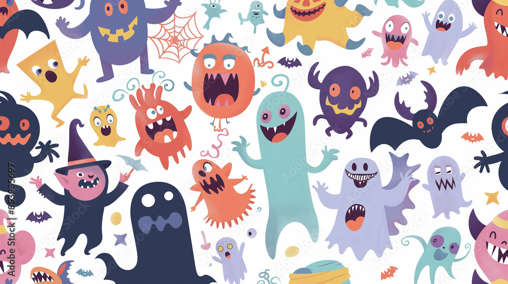 A cartoonish drawing of a variety of monsters and ghosts, including a witch A cartoonish drawing of a variety of monsters and ghosts, including a witch