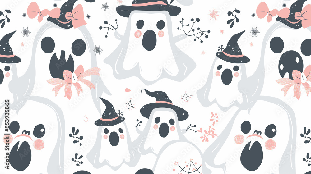 A Halloween themed drawing of a group of ghosts with hats and one with a bow A Halloween themed drawing of a group of ghosts with hats and one with a bow