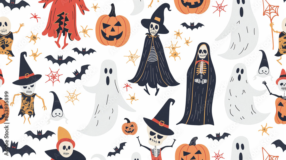 A Halloween themed drawing of various characters including ghosts, witches A Halloween themed drawing of various characters including ghosts, witches