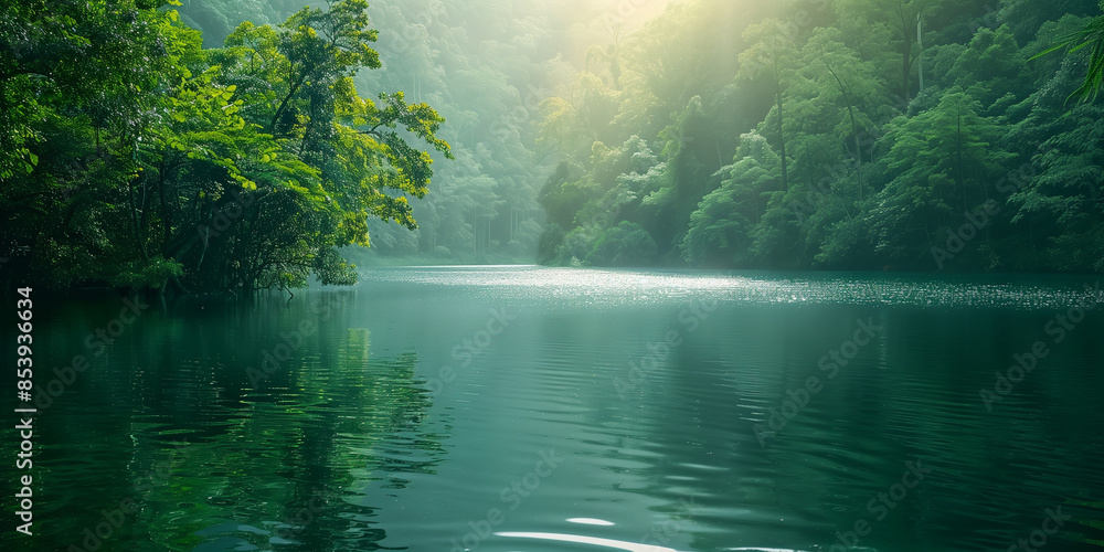 A serene lake with calm, clear water surrounded by vibrant green trees on a sunny morning A serene lake with calm, clear water surrounded by vibrant green trees on a sunny morning