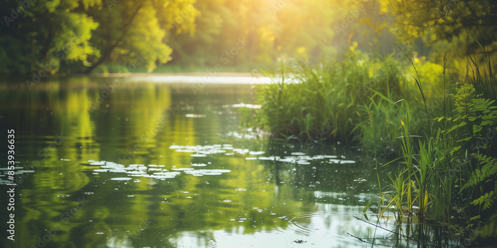 Fototapeta premium A tranquil lake surrounded by vibrant green foliage, bathed in the warm glow of sunlight
