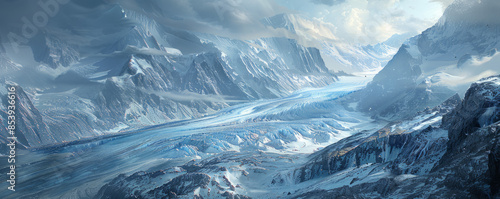 Alpine glacier snaking through rugged mountain terrain, icy wilderness, glacial majesty, polar landscape.