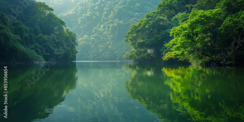 A serene lake reflecting the surrounding lush greenery on a calm morning