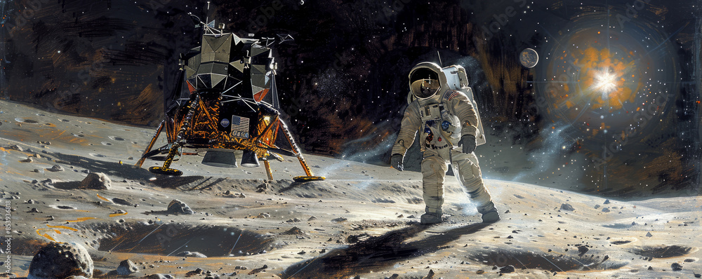 A depiction of the first moon landing, Neil Armstrong taking his first steps on the lunar surface, a giant leap for mankind. A depiction of the first moon landing, Neil Armstrong taking his first steps on the lunar surface, a giant leap for mankind.