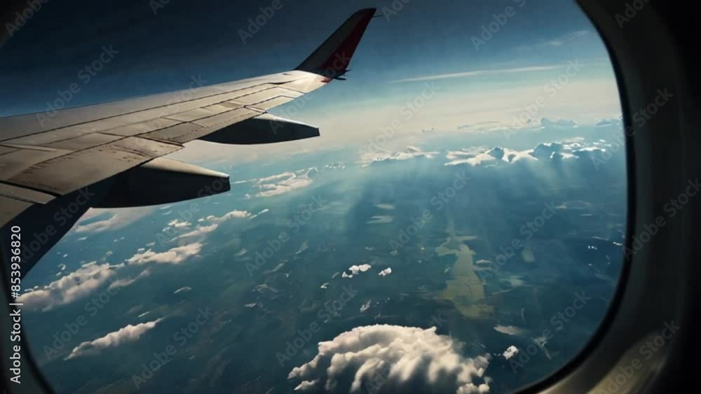 Airplane Wing View from Window with Clouds and Sky Airplane Wing View from Window with Clouds and Sky