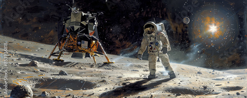 A depiction of the first moon landing, Neil Armstrong taking his first steps on the lunar surface, a giant leap for mankind.