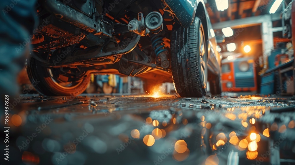 Car Underside with Sparks During Repair Car Underside with Sparks During Repair