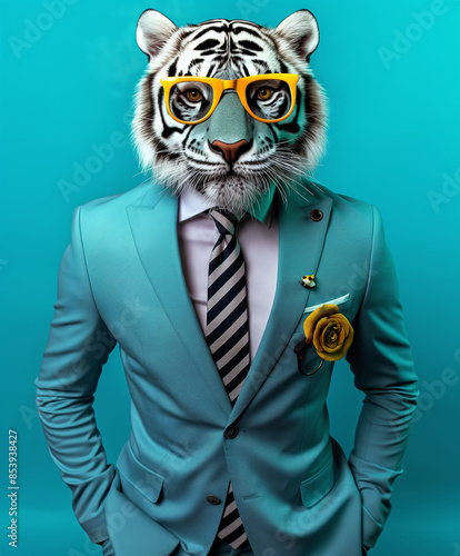Fototapeta Naklejka Na Ścianę i Meble -  Anthropomorphic Tiger wearing fashion, Tiger fashion shows, Tiger fashion shot, animals wearing fashion, animal fashion shows, animal fashion shot

