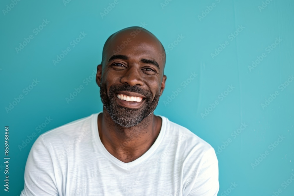 Portrait of a satisfied afro-american man in his 30s smiling at the camera over pastel blue background Portrait of a satisfied afro-american man in his 30s smiling at the camera over pastel blue background
